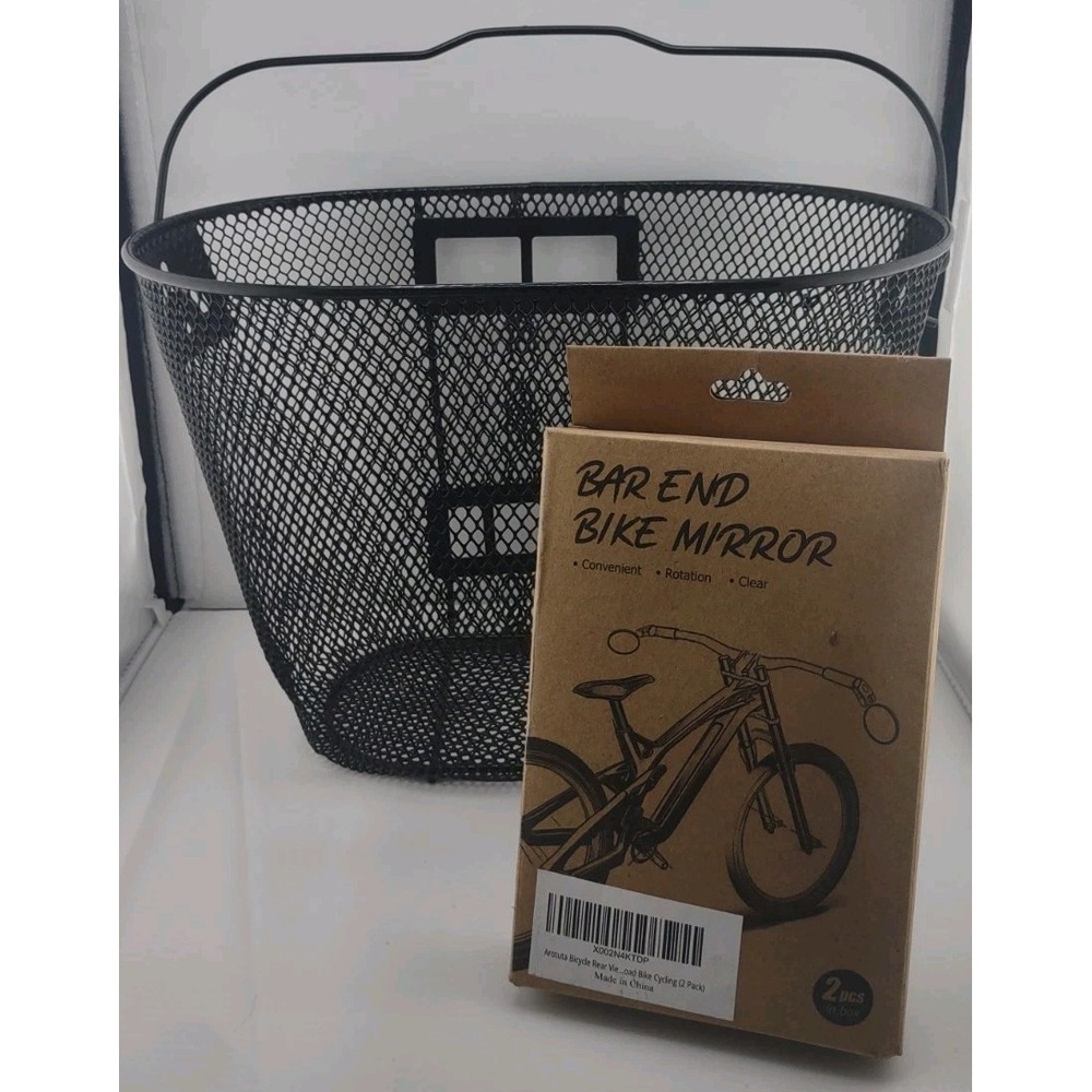 Detachable Black Mesh Bike Basket With Handle. Plus A Set Bar End Bike‎ Mirrors.